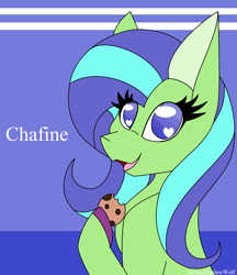 Size: 1912x2216 | Tagged: safe, artist:silenceshadowwolf, oc, oc only, earth pony, pony, abstract background, bust, cookie, earth pony oc, female, food, heart eyes, mare, open mouth, signature, smiling, solo, wingding eyes