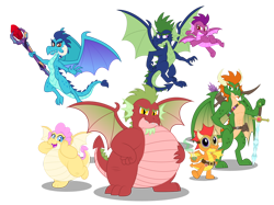 Size: 1280x955 | Tagged: safe, artist:aleximusprime, princess ember, oc, oc:buttercream, oc:buttercream the dragon, oc:grumblebog, oc:grumblebog the dragon, oc:penelope, oc:penny, oc:penny the dragon, oc:percy, oc:percy the dragon, oc:perseus, oc:sizzle, oc:sizzle the dragon, oc:smelt, dragon, flurry heart's story, g4, arrow, beard, belly, belt, big belly, bloodstone scepter, bottle, bow, bow (weapon), bow and arrow, cute, dragon horns, dragon oc, dragon wings, dragoness, facial hair, fantasy class, fat, female, flurry hearts story, frills, goggles, grin, group shot, looking at you, ocbetes, open mouth, open smile, scales, scepter, scientist, simple background, smiling, smiling at you, spikes, super dragon warriors, sword, transparent background, wall of tags, warrior, weapon, wings