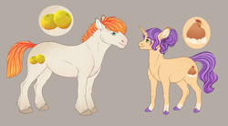 Size: 6749x3722 | Tagged: safe, artist:bluet0ast, oc, oc only, earth pony, pony, unicorn, colored hooves, duo, earth pony oc, female, horn, magical lesbian spawn, male, mare, offspring, parent:applejack, parent:rarity, parents:rarijack, simple background, smiling, stallion, story included, unicorn oc