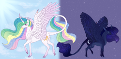 Size: 6950x3385 | Tagged: safe, artist:bluet0ast, princess celestia, princess luna, alicorn, pony, g4, absurd resolution, curved horn, duo, duo female, ethereal mane, female, horn, leonine tail, mare, raised hoof, siblings, sisters, starry mane, stars, story included