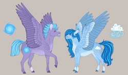 Size: 6872x4043 | Tagged: safe, artist:bluet0ast, oc, oc only, oc:cyclone, oc:sleetstorm, pegasus, pony, absurd resolution, brown background, colored hooves, feminine stallion, male, offspring, parent:oc:tornado, parent:rainbow dash, parent:twilight sparkle, parents:canon x oc, pegasus oc, raised hoof, simple background, stallion, story included, wing claws, wings