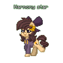 Size: 768x768 | Tagged: safe, artist:rainyponyindo, oc, oc only, oc:harmony star, pony, unicorn, pony town, :p, bow, clothes, female, flower, flower in hair, hoodie, mare, name tag, simple background, solo, tongue out, transparent background, walking