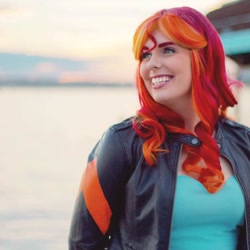 Size: 960x960 | Tagged: safe, artist:maddymoiselle, sunset shimmer, human, g4, clothes, cosplay, costume, facebook, irl, irl human, ocean, photo, smiling