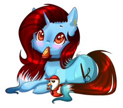 Size: 2392x2107 | Tagged: safe, artist:inspiredpixels, oc, oc only, pony, unicorn, blushing, choker, ear piercing, female, food, high res, lying down, mare, piercing, pizza, simple background, solo, transparent background