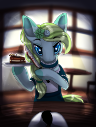 Size: 1729x2285 | Tagged: safe, artist:inspiredpixels, oc, oc only, pony, unicorn, cake, clothes, female, food, indoors, knife, looking at you, maid, mare, offscreen character, pov, solo focus