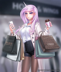 Size: 1000x1183 | Tagged: safe, artist:racoonsan, fleur-de-lis, human, clothes, coffee, female, horn, horned humanization, humanized, implied coco pommel, looking at you, phone, shopping, shopping bag, shorts, solo, tights