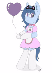 Size: 1750x2500 | Tagged: safe, artist:cuddle_cruise, oc, oc:moon dust, pony, balloon, bipedal, cat ears, clothes, collar, cute, gloves, heart balloon, maid, socks, stockings, thigh highs