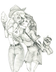 Size: 1000x1294 | Tagged: safe, artist:baron engel, applejack, rarity, human, g4, breasts, cowboy hat, female, grayscale, hat, humanized, implied twilight sparkle, lesbian, monochrome, pencil drawing, plushie, ship:rarijack, shipping, simple background, story included, traditional art, white background
