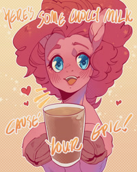 Size: 1280x1600 | Tagged: safe, artist:yuyusunshine, pinkie pie, earth pony, pony, g4, abstract background, bipedal, blushing, chocolate, chocolate milk, cute, diapinkes, heart, hoof hold, looking at you, meme, milk, misspelling of you're, open mouth, ponified meme, smiling, solo, sparkles, text, underhoof