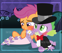 Size: 2065x1768 | Tagged: safe, artist:interstellar-quartz, scootaloo, spike, pony, a canterlot wedding, g4, blushing, bridesmaid dress, clothes, dragon x pony, dress, female, flower filly, flower girl, flower girl dress, hat, interspecies, male, ring bearer, ship:scootaspike, shipping, straight, top hat, tuxedo