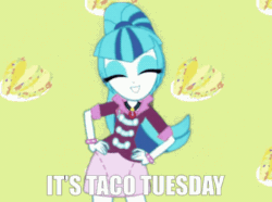 Size: 498x370 | Tagged: safe, artist:jakeneutron, edit, sonata dusk, equestria girls, g4, animated, cute, eyes closed, female, food, fukkireta, gif, grin, hand on hip, smiling, solo, sonatabetes, sonataco, swaying hips, taco, taco tuesday, that girl sure loves tacos, that siren sure does love tacos