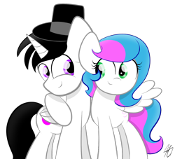 Size: 1150x1044 | Tagged: safe, artist:sugarcloud12, oc, oc only, oc:spirit art, oc:sugar cloud, alicorn, pegasus, pony, female, hat, hug, male, mare, simple background, stallion, top hat, transparent background