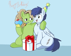 Size: 2714x2123 | Tagged: safe, artist:breezietype, oc, oc only, oc:shuteye, oc:slipstream, birthday, candle, cherry, cupcake, food, hat, high res, noisemaker, party hat, present