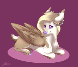 Size: 1150x994 | Tagged: safe, artist:eperyton, oc, oc only, deer, pegadeer, cloven hooves, horns, lying down, prone, purple background, signature, simple background, solo, wings