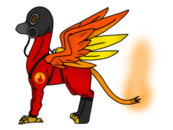 Size: 4096x3072 | Tagged: safe, artist:agdapl, griffon, clothes, crossover, gas mask, griffonized, male, mask, pyro (tf2), simple background, smiling, solo, species swap, team fortress 2, transparent background