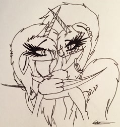 Size: 2282x2397 | Tagged: safe, artist:beamybutt, oc, oc only, oc:moonbeam, alicorn, pony, alicorn oc, ear piercing, eyelashes, female, high res, horn, lineart, looking at each other, looking back, mare, piercing, signature, traditional art, wings
