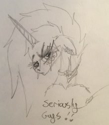 Size: 2069x2365 | Tagged: safe, artist:beamybutt, oc, oc only, oc:moonbeam, pony, unicorn, annoyed, chains, ear piercing, eyelashes, female, floppy ears, high res, mare, piercing, signature, traditional art