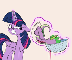 Size: 2400x2000 | Tagged: safe, artist:rocket-lawnchair, spike, twilight sparkle, alicorn, dragon, pony, g4, argument in the comments, duo, floppy ears, high res, punch (drink), punch bowl, spiked punch, strainer, twilight sparkle (alicorn)