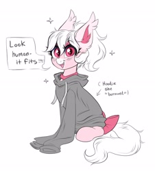 Size: 3583x3960 | Tagged: safe, artist:confetticakez, oc, oc only, oc:cream puff, bat pony, pony, bat pony oc, blushing, bow, clothes, cute, female, high res, hoodie, looking at you, mare, ocbetes, oversized clothes, oversized hoodie, oversized shirt, shirt, simple background, smiling, solo, sparkles, sweater, tail bow, text