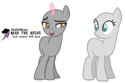 Size: 1605x1068 | Tagged: safe, artist:kingbases, oc, earth pony, pony, unicorn, g4, bald, base, duo, earth pony oc, female, horn, lidded eyes, looking back, mare, open mouth, open smile, simple background, smiling, transparent background, transparent horn, unicorn oc