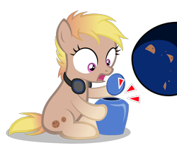 Size: 2400x2100 | Tagged: safe, artist:strategypony, oc, oc:cookie malou, earth pony, pony, cookie, cookie jar, cookie thief, earth pony oc, female, filly, food, headphones, high res, pure unfiltered evil, shocked, simple background, transparent background