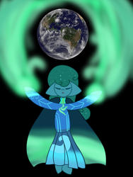 Size: 1500x1999 | Tagged: safe, artist:derpy_the_duck, oc, oc only, oc:aurora, earth pony, semi-anthro, arm hooves, aurora borealis, cape, clothes, magic, magic aura, planet, simple background, solo, superhero