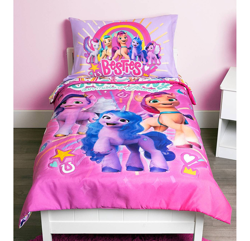 Size: 1400x1352 | Tagged: safe, hitch trailblazer, izzy moonbow, pipp petals, sunny starscout, zipp storm, earth pony, pegasus, pony, unicorn, g5, my little pony: a new generation, official, bed, bedsheets, female, green eyes, irl, male, mane five, mare, photo, pillow, pillowcase, stallion