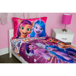 Size: 1400x1400 | Tagged: safe, hitch trailblazer, izzy moonbow, pipp petals, sunny starscout, zipp storm, earth pony, pony, unicorn, g5, my little pony: a new generation, official, bed, bedsheets, female, green eyes, irl, male, mane five, mare, photo, pillow, pillowcase, stallion