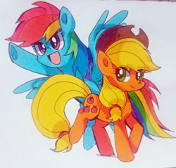 Size: 500x478 | Tagged: source needed, safe, artist:juex, applejack, rainbow dash, earth pony, pegasus, pony, g4, female, lesbian, ship:appledash, shipping, traditional art