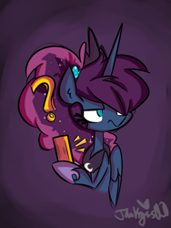 Size: 891x1182 | Tagged: safe, artist:jankrys00, princess luna, alicorn, pony, luna-afterdark, g4, bust, female, frown, looking sideways, portrait, purple background, question mark, signature, simple background, solo, sparkles, sparkly mane