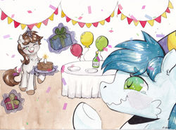 Size: 3340x2476 | Tagged: safe, artist:lightisanasshole, oc, oc:dorm pony, oc:slipstream, pegasus, pony, unicorn, balloon, birthday, birthday cake, bottle, cake, candle, confetti, food, gift giving, hat, high res, horn, party, party hat, pegasus oc, plate, present, table, unicorn oc, wavy mouth, wine bottle