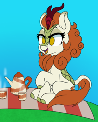 Size: 422x525 | Tagged: artist needed, safe, autumn blaze, kirin, g4, coffee, mug, outdoors, picnic, pot, solo, teapot