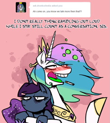 Size: 765x851 | Tagged: safe, artist:herny, princess celestia, princess luna, alicorn, pony, luna-afterdark, g4, annoyed, ask, blushing, cigarette, dialogue, drunk, drunk bubbles, drunk celestia, duo, duo female, eyebrows, eyebrows visible through hair, female, open mouth, pink background, royal sisters, siblings, simple background, sisters, talking, text, tumblr, unamused