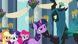 Size: 1920x1080 | Tagged: safe, screencap, applejack, pinkie pie, queen chrysalis, rarity, twilight sparkle, changeling, changeling queen, earth pony, pegasus, pony, unicorn, a canterlot wedding, g4, season 2, candle, female, mare, unicorn twilight