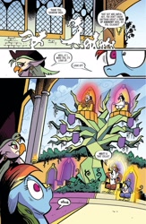 Size: 1988x3056 | Tagged: safe, artist:andy price, idw, captain celaeno, king thaumas, prince aello, princess zephyra, queen ozomene, rainbow dash, tree of harmony, bird, parrot, pegasus, pony, friendship is magic #100, g4, season 10, spoiler:comic, female, ornithia, preview, royalty, throne