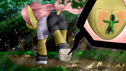 Size: 2560x1440 | Tagged: safe, artist:darky_wings, oc, oc only, oc:anon, earth pony, pony, unicorn, art trade, clothes, forest background, grass, hoofprints, insole, macro, micro, not fluttershy, running, shoes, underhoof