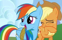 Size: 1605x1045 | Tagged: safe, screencap, applejack, rainbow dash, earth pony, pegasus, pony, fall weather friends, g4, cropped, eyes closed, female, mare, open mouth, rainbow douche