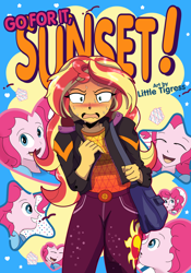 Size: 2000x2850 | Tagged: safe, artist:littletigressda, pinkie pie, sunset shimmer, equestria girls, equestria girls series, g4, sunset's backstage pass!, spoiler:eqg series (season 2), blushing, female, go for it nakamura!!, high res, lesbian, music festival outfit, ship:sunsetpie, shipping, sweat