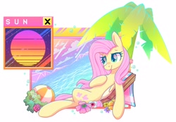 Size: 2946x2037 | Tagged: safe, artist:wavecipher, fluttershy, pegasus, pony, g4, heart, heart eyes, high res, palm tree, sand, simple background, solo, sun, tree, vaporwave, white background, wingding eyes