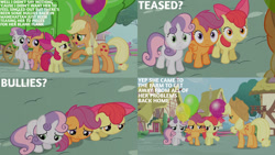 Size: 1280x720 | Tagged: safe, edit, edited screencap, editor:quoterific, screencap, apple bloom, applejack, scootaloo, sweetie belle, earth pony, pegasus, pony, unicorn, g4, one bad apple, season 3, apple bloom's bow, applejack's hat, balloon, bow, cowboy hat, cutie mark crusaders, female, filly, hair bow, hat, implied babs seed, mare, open mouth