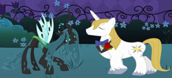 Size: 1280x583 | Tagged: safe, artist:brightstar40k, prince blueblood, queen chrysalis, changeling, changeling queen, pony, unicorn, g4, bluesalis, duo, female, male, shipping, stallion, straight