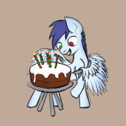 Size: 2048x2048 | Tagged: safe, artist:gangrene, oc, oc only, oc:slipstream, pegasus, pony, cake, candle, food, fork, high res, knife, simple background, sketch, solo, standing, wing hands, wing hold, wings