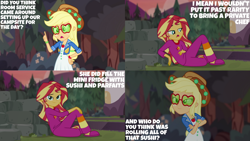 Size: 1280x720 | Tagged: safe, edit, edited screencap, editor:quoterific, screencap, applejack, sunset shimmer, equestria girls, g4, my little pony equestria girls: better together, wake up!, wake up!: applejack, clothes, crossed arms, duo, duo female, female, music, open mouth, pajamas, smiling