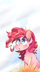 Size: 1080x1920 | Tagged: safe, artist:wacky-skiff, pinkie pie, earth pony, pony, g4, :o, cloud, crops, cute, diapinkes, female, food, mare, messy mane, oats, open mouth, shrunken pupils, sky, solo, wide eyes