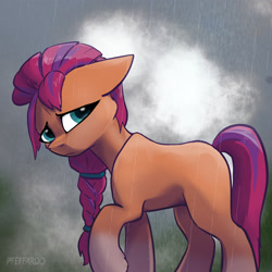 Size: 2048x2048 | Tagged: safe, artist:pfeffaroo, sunny starscout, earth pony, pony, g5, blank flank, braid, cloud, coat markings, female, floppy ears, high res, mare, rain, raised hoof, sad, socks (coat markings), solo