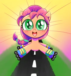 Size: 2552x2728 | Tagged: safe, artist:ce2438, sunny starscout, earth pony, pony, g5, blushing, braid, cute, female, high res, looking at you, open mouth, roller skates, solo, starry eyes, sunnybetes, wingding eyes