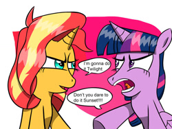 Size: 1032x774 | Tagged: safe, artist:twi clown, sunset shimmer, twilight sparkle, alicorn, pony, unicorn, g4, argument, context is for the weak, dialogue, duo, female, mare, speech bubble, text, twilight sparkle (alicorn)
