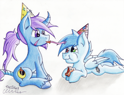 Size: 2184x1690 | Tagged: safe, artist:the1king, oc, oc only, oc:azure night, oc:slipstream, birthday, duo, eating, food, hat, muffin, noisemaker, party hat