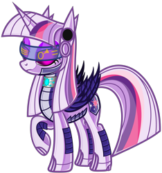 Size: 5247x5613 | Tagged: safe, artist:severity-gray, twilight sparkle, alicorn, gynoid, pony, robot, robot pony, g4, absurd resolution, accessory, alternate hairstyle, armor, clothes, cutie mark, female, frown, glowing, glowing eyes, goggles, jewelry, latex, mare, necklace, raised hoof, roboticization, rubber, simple background, solo, transparent background, twibot, twilight sparkle (alicorn), unamused, vector, visor, wings