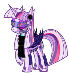 Size: 5550x5990 | Tagged: safe, alternate version, artist:severity-gray, twilight sparkle, alicorn, pony, robot, robot pony, g4, absurd resolution, alternate hairstyle, armor, clothes, female, frown, glowing, glowing eyes, goggles, latex, mare, raised hoof, roboticization, rubber, scarf, simple background, solo, transparent background, twibot, twilight sparkle (alicorn), unamused, vector, visor, wings